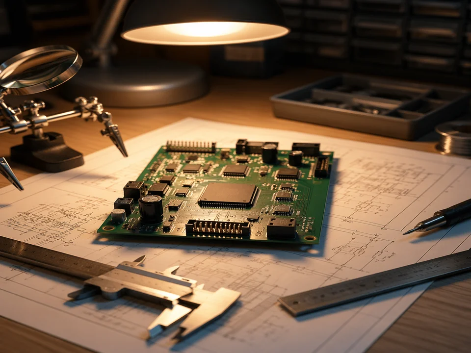 PCB under warm desk lamp on engineering workbench with design tools