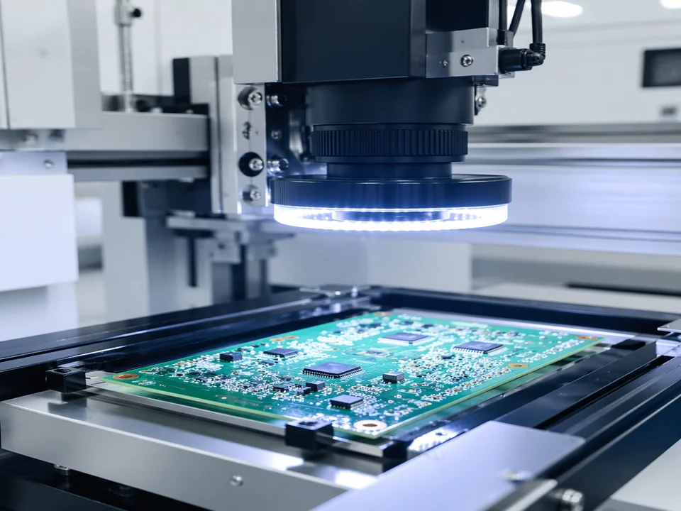 AOI machine performing automated optical inspection of PCB assembly
