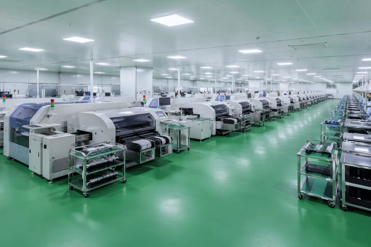 Modern ESD-safe electronics manufacturing cleanroom with SMT production lines