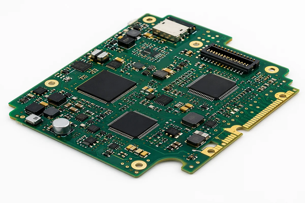 Precision PCBA board with surface-mount components on white background