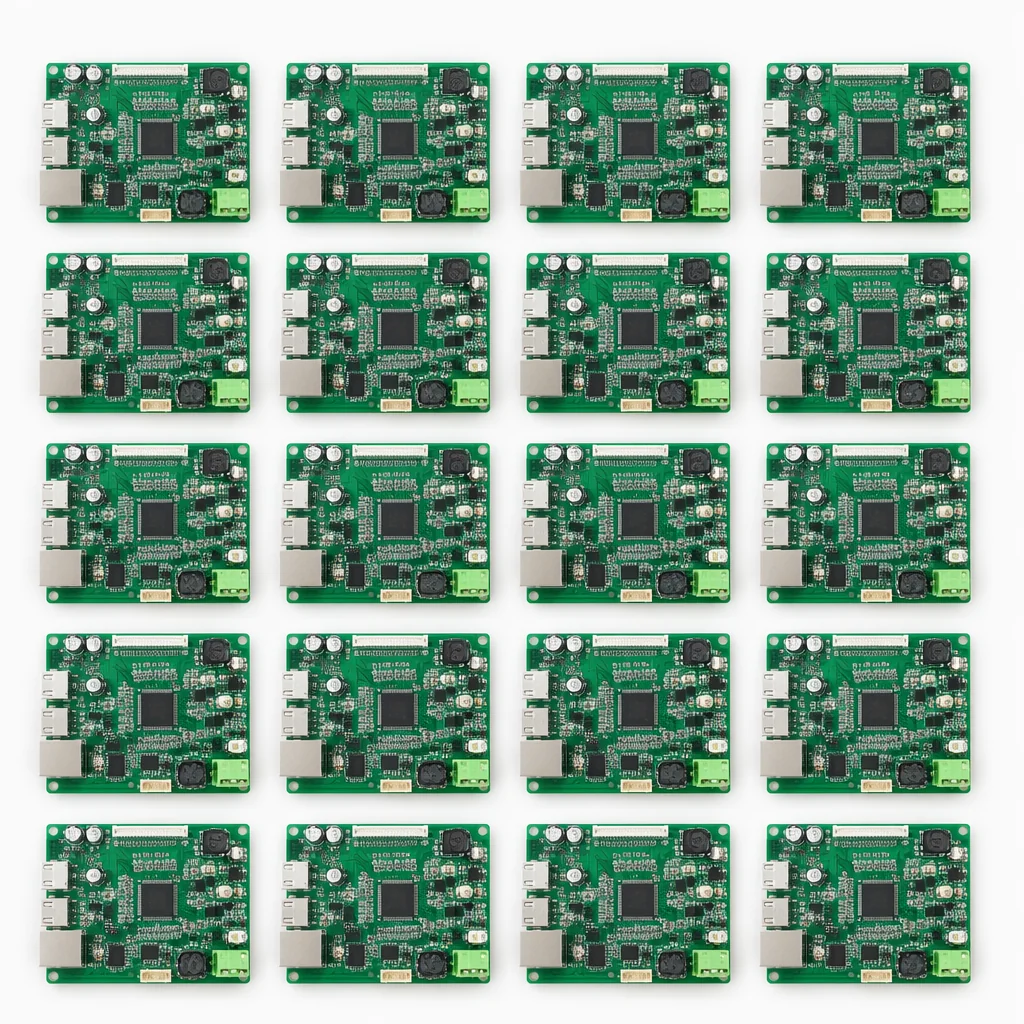 Batch of consistently manufactured PCBA boards on white surface