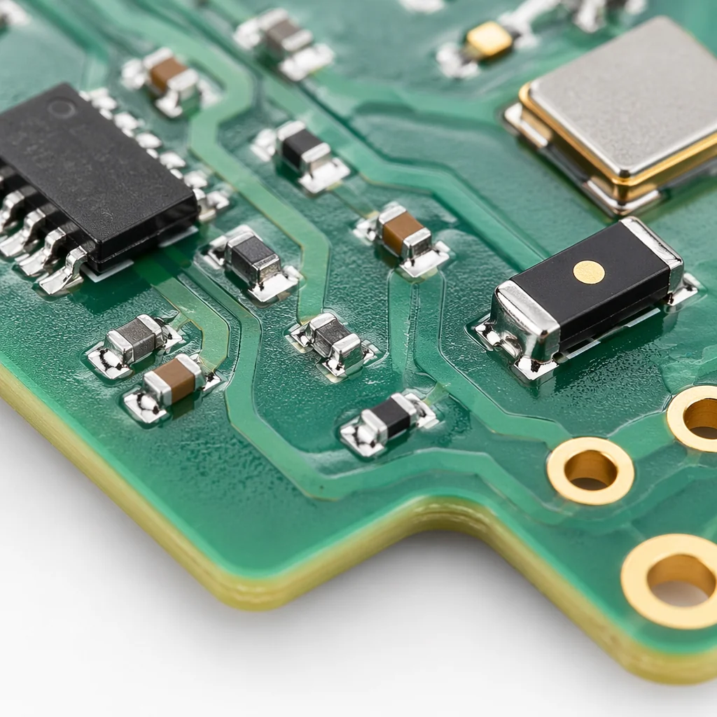 Macro close-up of precision PCB solder joints and surface-mount components