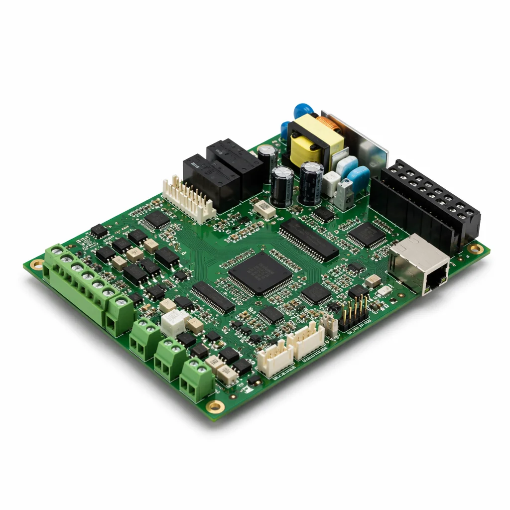 Industrial control PCBA board with ICs, connectors, and power components