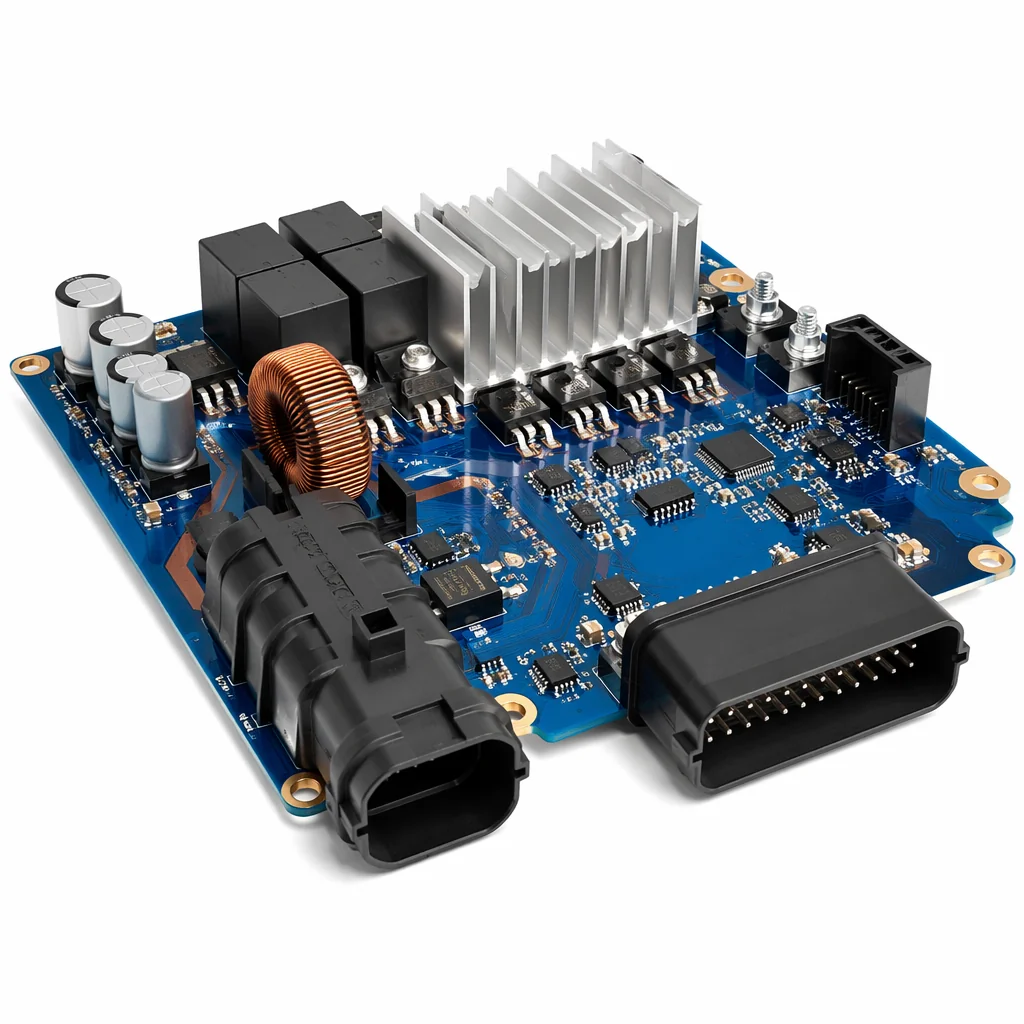 Automotive-grade PCBA board with robust components and heat sinks