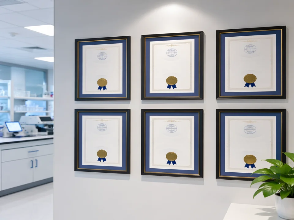 Quality certification certificates displayed at manufacturing facility