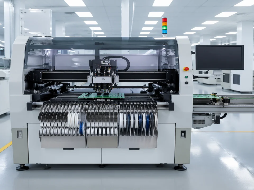Modern SMT pick-and-place machine placing components on PCB