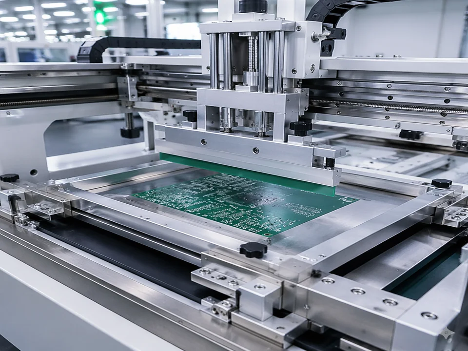 Solder paste printer applying solder paste through stencil onto PCB