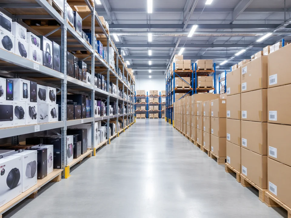 Organized warehouse with packaged PCBA products ready for international shipping