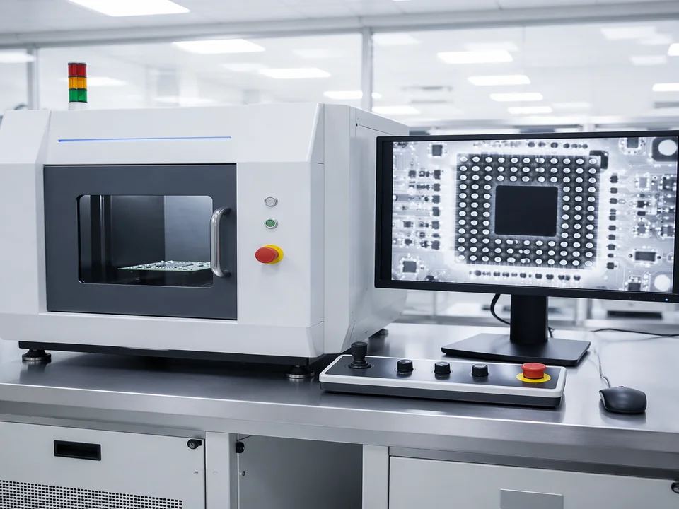 X-ray inspection machine analyzing BGA solder joints on PCB assembly
